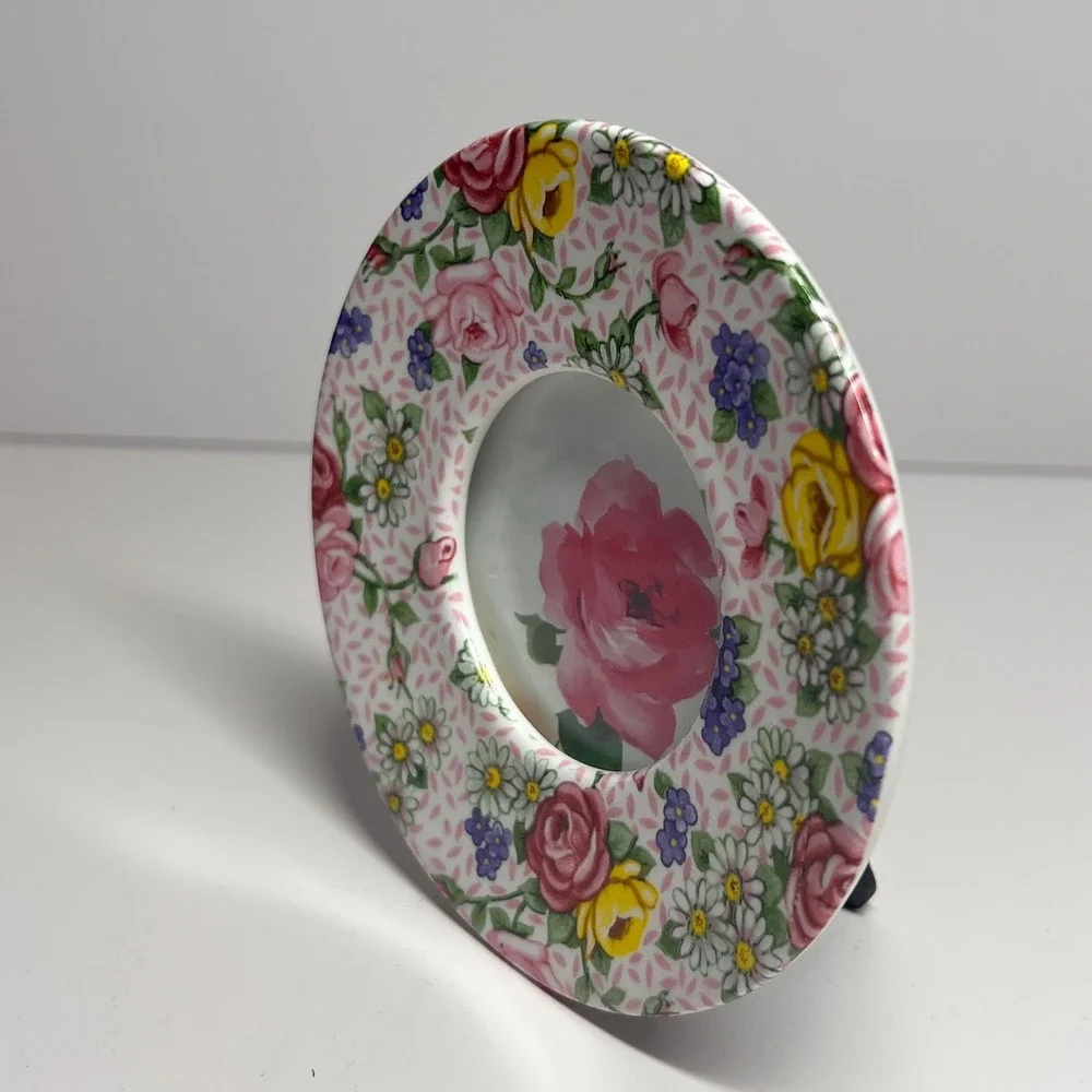Carr Round Ceramic Floral Chintz Picture Frame Pink Yellow Purple 4 Inch